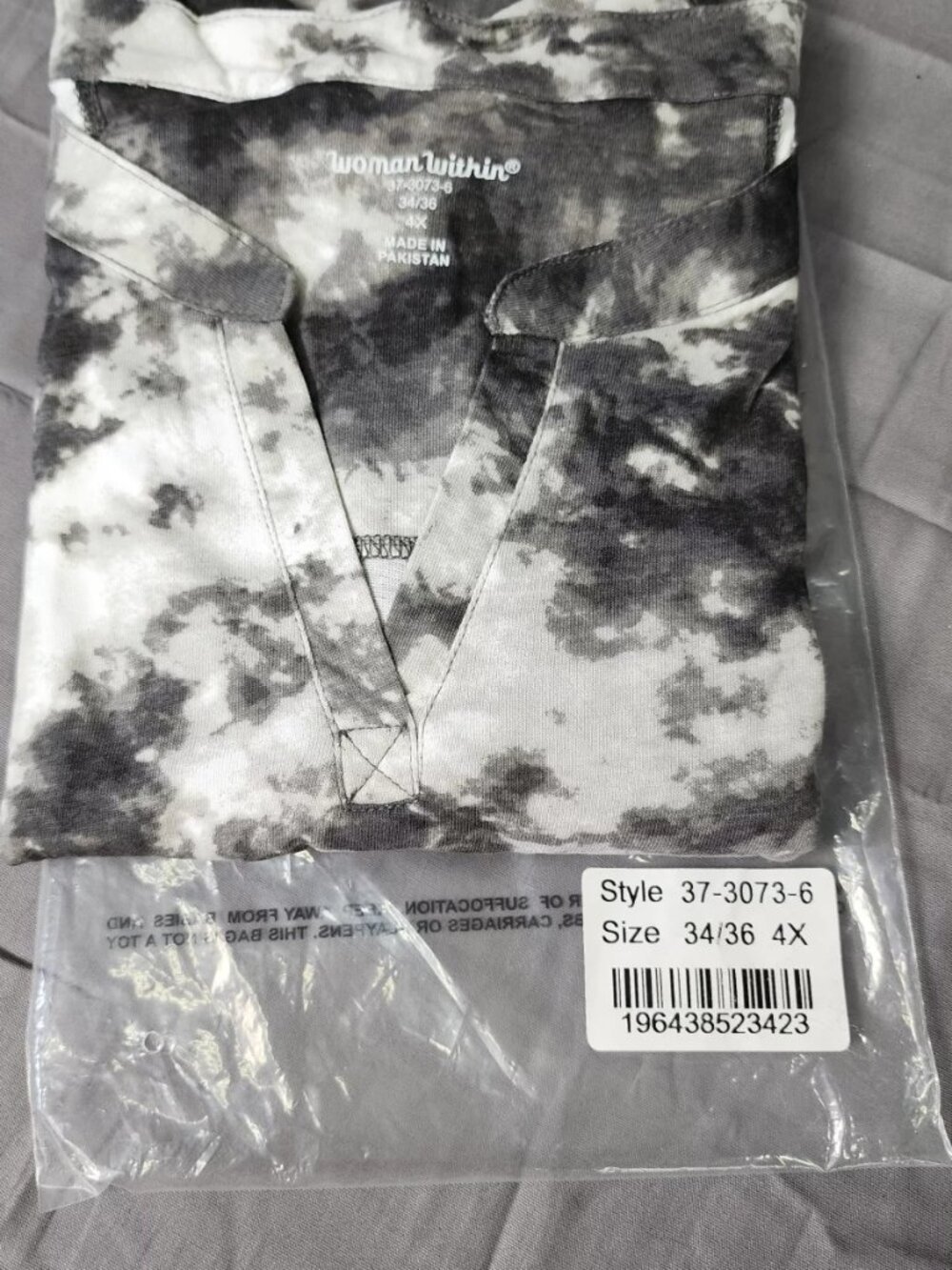 Woman Within Plus Size 4X Top Black White Tie Dye Split V Neck Knit Shirt